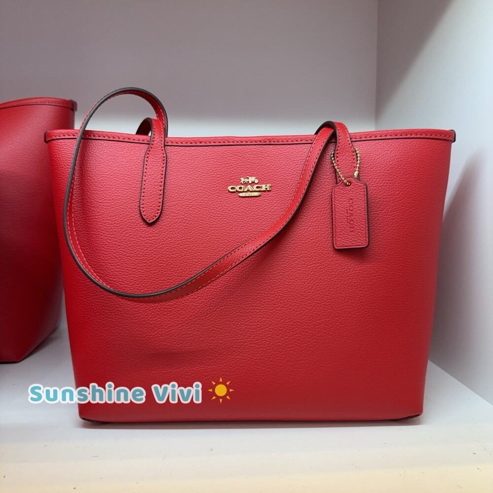 NWT Coach Medium City Tote Bag In Leather CDX83 IM/BRIGHT CARDINAL